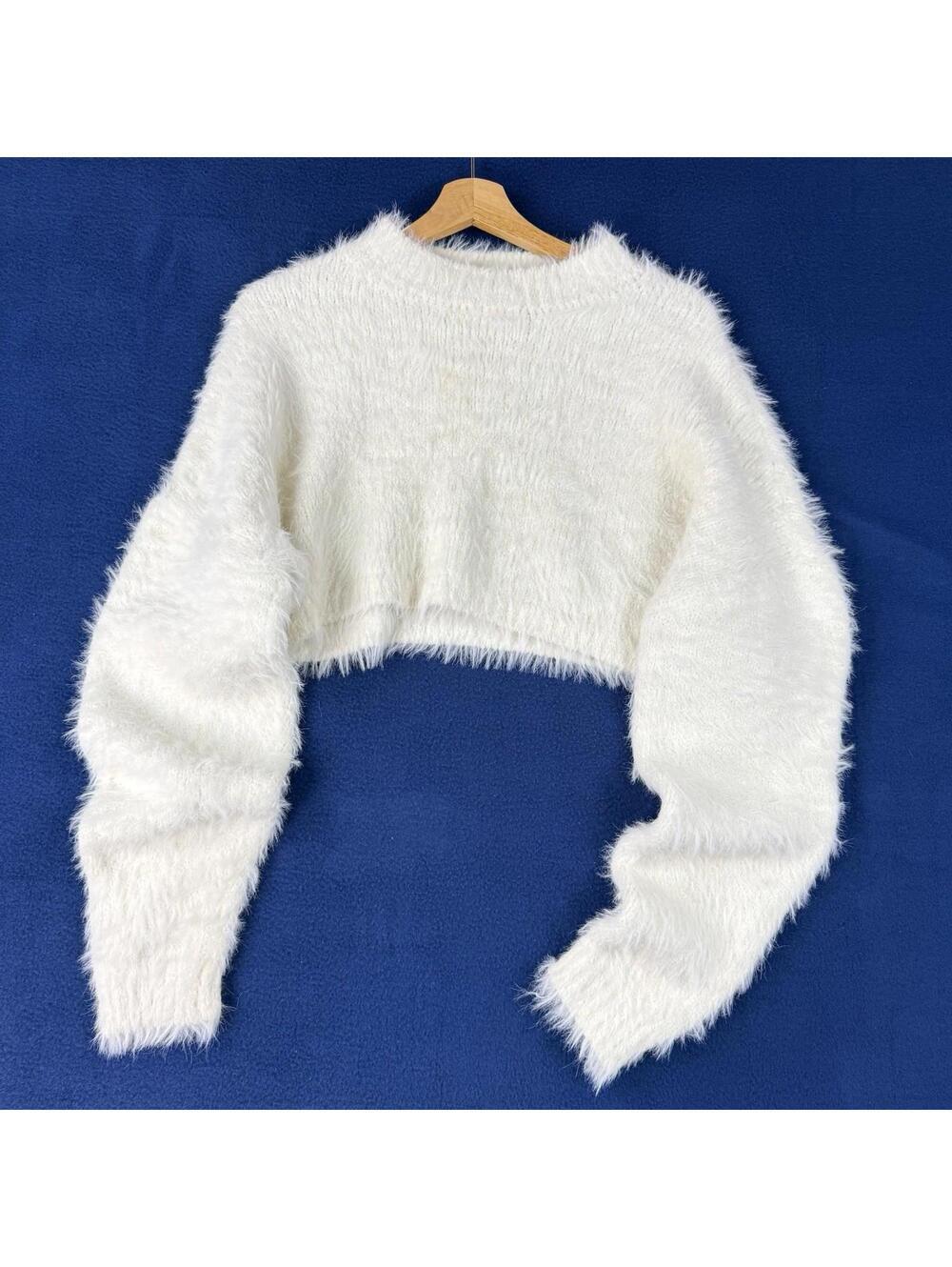 Fluffy Cropped Sweater Fuzzy Knit White Long Sleeve Soft Cozy Top Size M Y2K